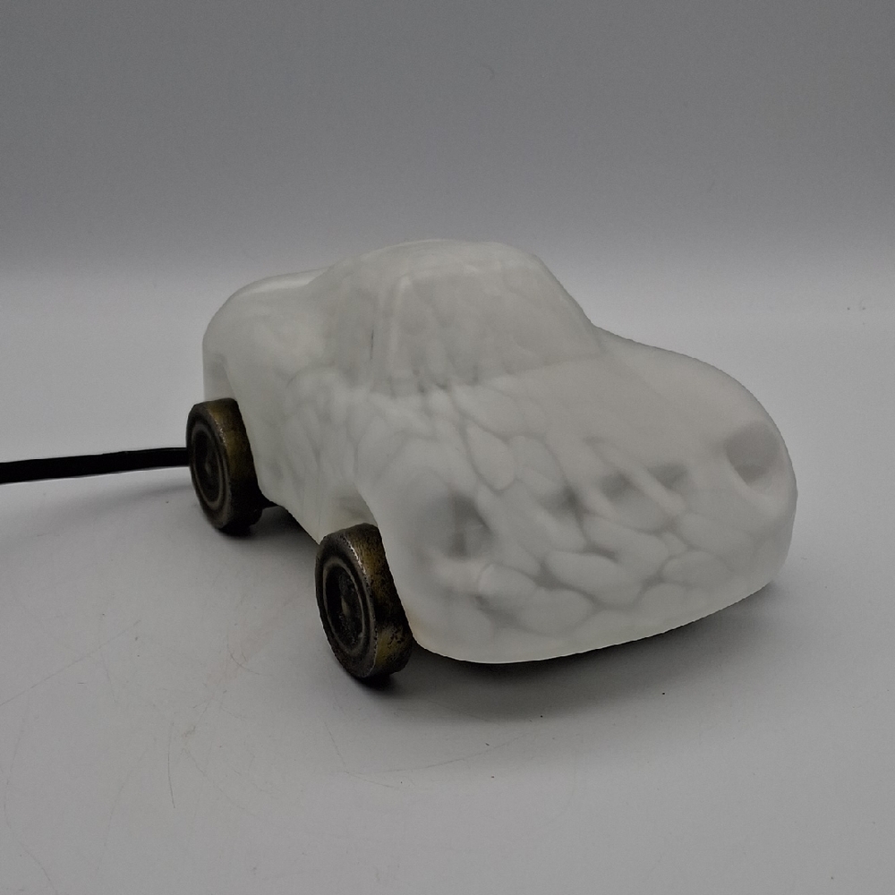 Vntg White Race Car-Shaped Glass With Cast Iron Wheels  Lamp